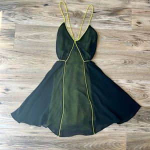 Bardot Black Sheer and Highlighter Yellow Open Back Mini Cocktail Dress